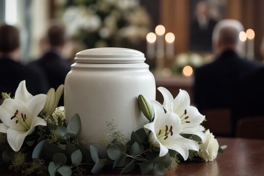 White cremation urn surrounded by elegant white lilies at a memorial service, with mourning attendees blurred in the background