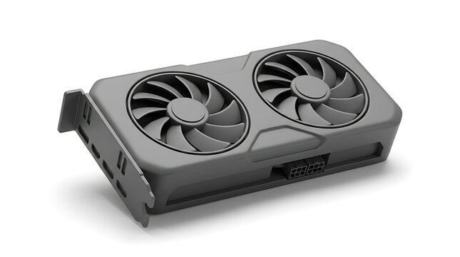 Sleek 3D rendered high-performance graphics card with dual fans, designed for powerful computing, gaming, and professional workstation applications