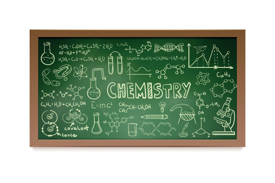 Chemistry chalkboard. Realistic school board with chemical formula symbols, scientific experiment synthesis math theory sketch blackboard student classroom 3d vector illustration