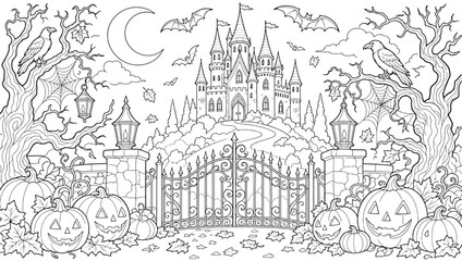 Obraz premium Detailed halloween coloring page with a spooky haunted castle, jackolanterns, bare trees, flying bats, and ravens under a crescent moon