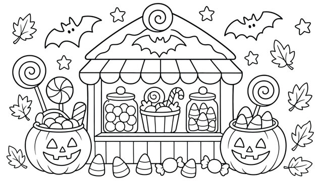 Halloween candy shop coloring page for kids with jackolantern pumpkin buckets filled with sweet treats, candy corn, lollipops, and flying bats outline vector illustration