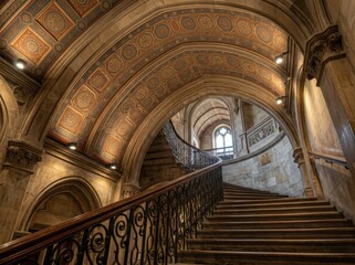 Obraz premium Ornate Staircase in Historic Building, Architectural Interior with Vaulted
