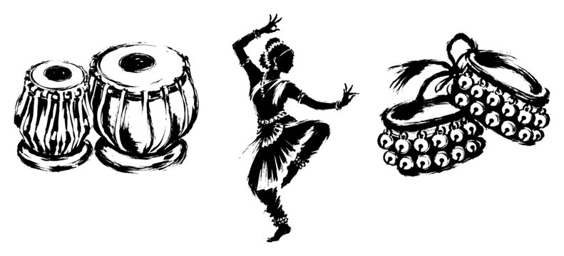 Indian classical dancer with tabla drums and ghungroo bells in expressive ink style