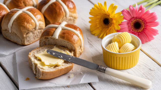 Hot cross buns with butter and flowers sweet pastries for easter celebration.