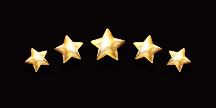 Realistic gold stars. 3d golden five star 5 icon, review badge premium quality award achievement trophy excellent service yellow glitter metal balloon shape y2k vector illustration