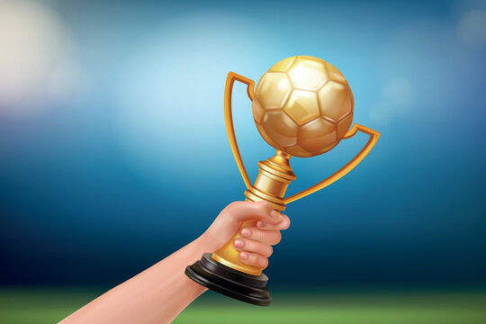 Realistic hand soccer trophy. Best player hold golden ball cup, winner award ceremony reward celebrate football league game success team leadership victory 3d vector illustration