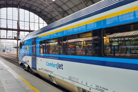 Prague, Czech Republic, April 12, 2026: Modern Train at European Train Station Reflecting Contemporary Travel and Transportation