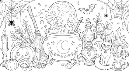 Whimsical halloween coloring page witchs cauldron, full moon, black cat, jackolantern, potions, and spiders