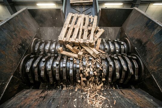 Dynamic motion of wood pallets falling into industrial shredding machine