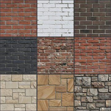 Collage of various brick and stone wall textures for architectural design