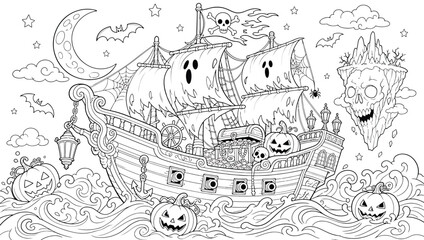 Halloween ghost pirate ship with jackolanterns, treasure chest, skull island, bats, and moon in the night sky, coloring page for kids and adults