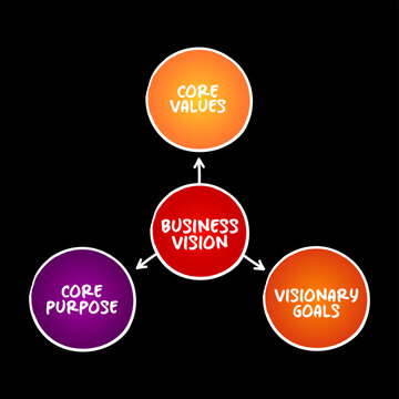 BUSINESS VISION mind maps with CORE VALUES, CORE PURPOSE, VISIONARY GOALS text. A business concept charts for corporate strategy, planning, leadership, and management flowcharts graphic elements.
