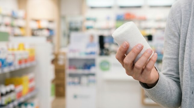 Person holding elastic bandage in pharmacy with shelves of medicines Healthy lifestyle