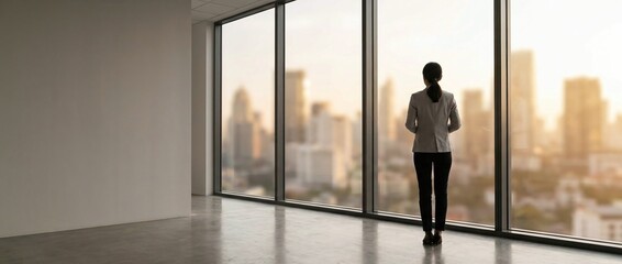 Fototapeta premium Businesswoman looking out window of empty modern office at city skyline during sunset.