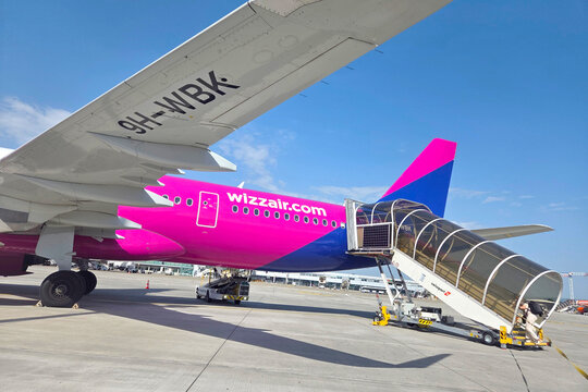 Basel, Switzerland, May 25, 2026: Modern Air Travel: Wizz Air Aircraft on Airport Tarmac Ready for Boarding