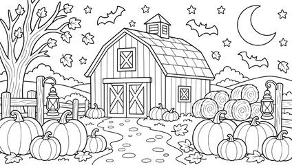 Halloween barn scene with pumpkins, hay bales, and bats at night, coloring page for kids, autumn farm landscape with a crescent moon and stars, black and white illustration © Essential Design Lab