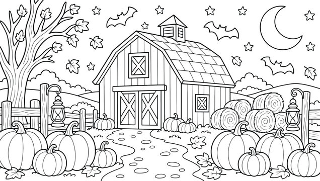 Halloween barn scene with pumpkins, hay bales, and bats at night, coloring page for kids, autumn farm landscape with a crescent moon and stars, black and white illustration
