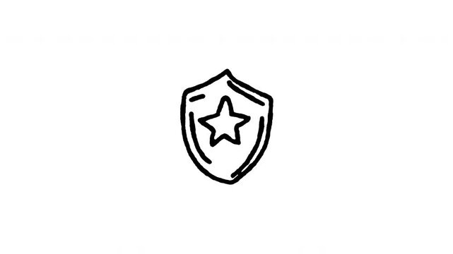 Animated 4K police badge shield doodle icon. White hand drawn line art on black and green screen backgrounds for cop star emblem, law enforcement protection, security badge, and justice edits.