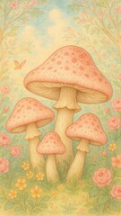 Fototapeta premium Whimsical mushrooms in pastel forest mobile wallpaper