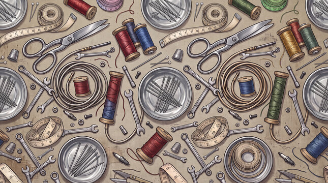 a continuous pattern showing  a seamless tile of tailoring supplies displaying sharp fabric scissors shiny metal sewing needles colorful spools of thread and soft measuring tapes for a seamstress