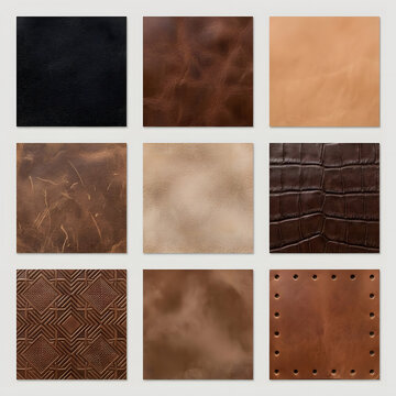 Assorted leather fabric swatches with various colors and textures.
