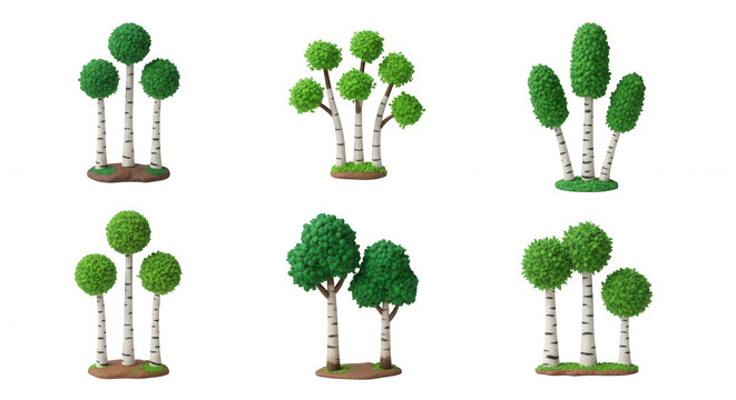 3d rendered stylized miniature trees varying shapes white background for architectural and landscape design assets