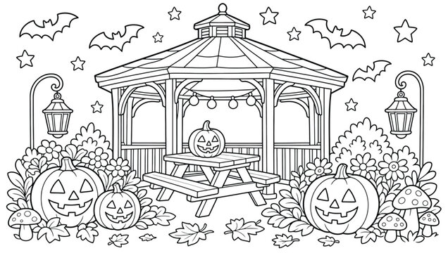 Halloween gazebo coloring page with jackolanterns, bats, and autumn leaves, intricate line art illustration for kids and adults, festive holiday scene