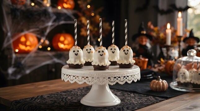 Halloween ghost cake pops on a white lace stand