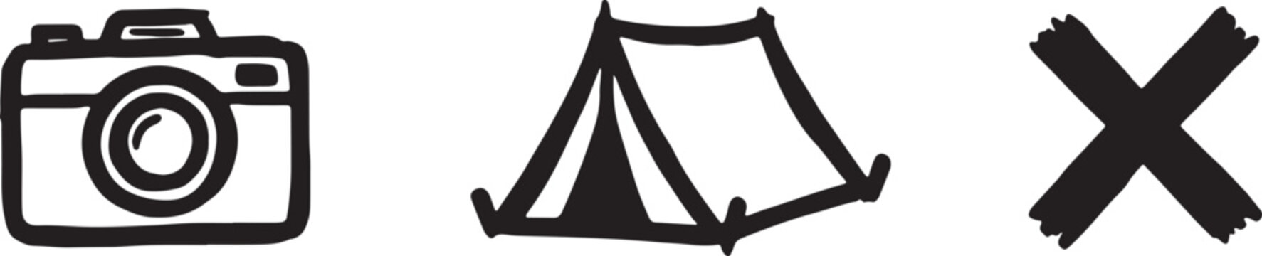 Camping travel icons set including a camera a tent and a cross mark