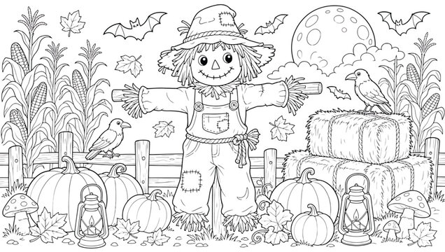Cute scarecrow in a pumpkin patch with corn stalks, hay bales, lanterns, and bats, coloring page for kids and adults, halloween theme illustration, line art drawing