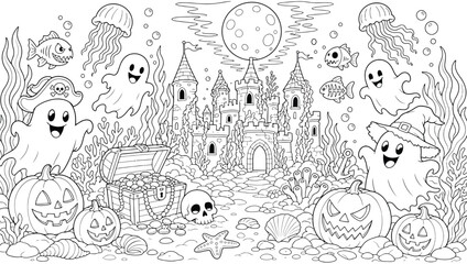 Underwater halloween scene with a spooky castle, ghosts, jackolanterns, and a treasure chest, black and white coloring page for kids