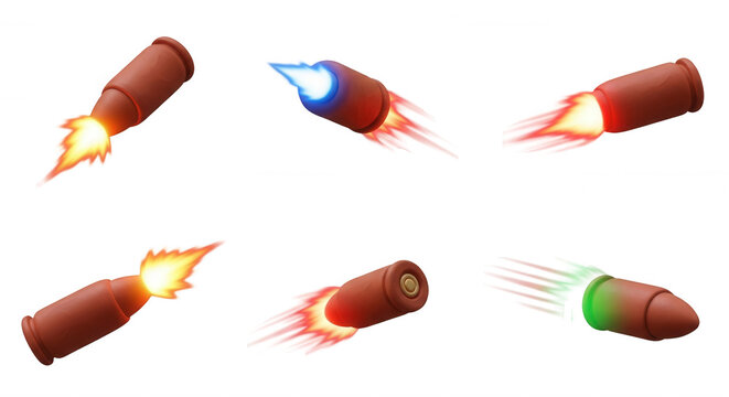 animated bullets in various colors firing with motion streaks against a white backdrop for use in video games or illustrations