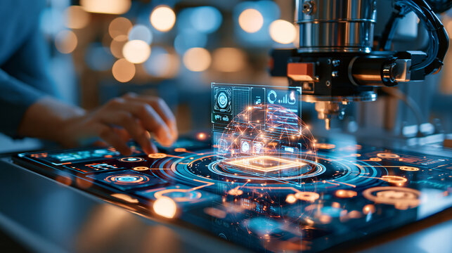 advanced industrial machine, digital quality inspection, hologram overlay display, bright clean factory environment, precision engineering, smart automation technology, futuristic