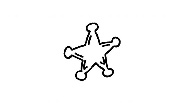 Animated 4K sheriff star badge doodle icon. Hand drawn line art on black and green screen chroma key background for Western marshal star, county sheriff emblem, law enforcement badge edits.