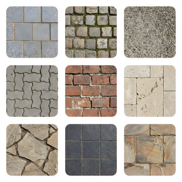 Building material grid featuring various bricks, stones, and pavers.