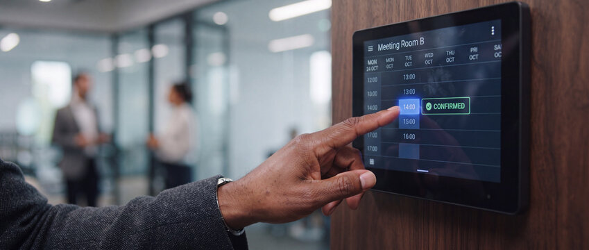 Meeting room booking display on wall showing digital calendar interface on sleek tablet mounted on wood paneling for corporate scheduling and modern office automation design