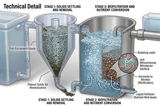 Detailed cross section of an aquaponics biofilter with bubbling water