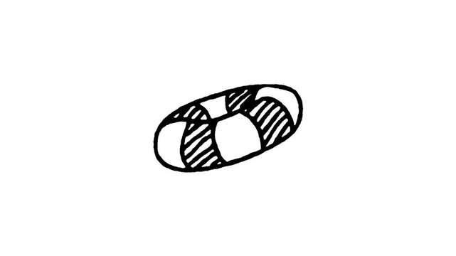 4K animated lifebuoy ring saver doodle icon with boiling line motion. Frame by frame line art on black and green screen chroma key background for lifebelt ring, drowning rescue, ocean safety.