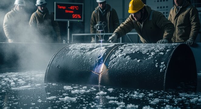 Iceclass LNG carriers hull material subjected to coldcrack tests in a freezing simulation basin to prevent Arctic structural failures.