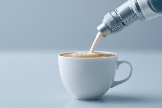 Precision robotic arm pouring creamy milk foam into coffee cup, futuristic cafe technology concept, shallow depth of field