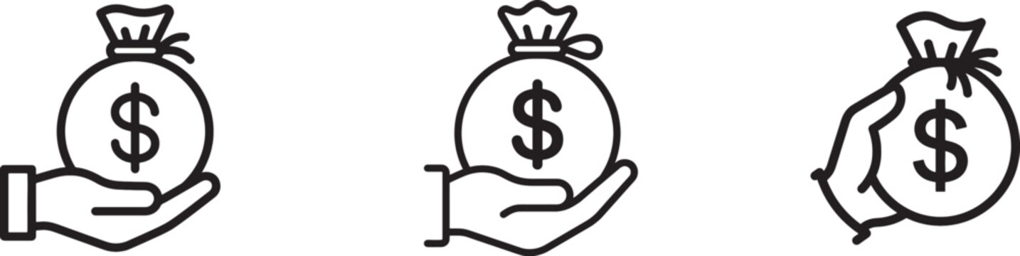 Hand holding money bag icons set for finance and investment with investment