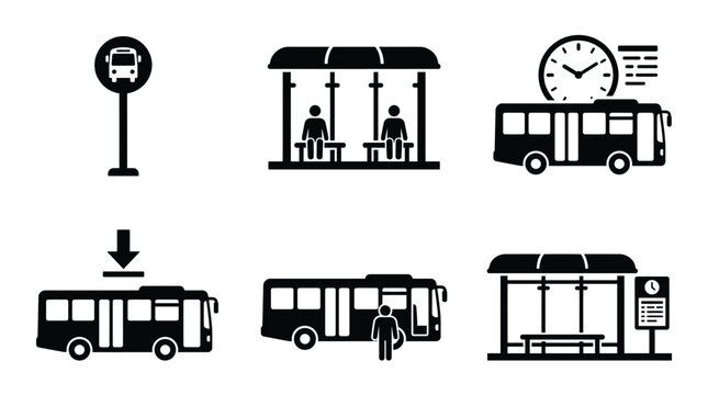 Bus Transportation Silhouette Icons Set