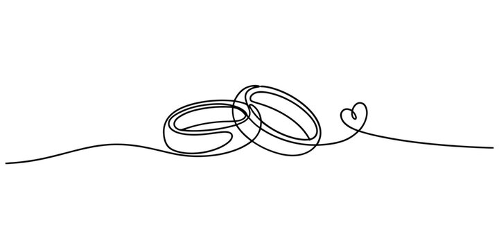Continuous line drawing of two wedding rings joined together with a small heart shape