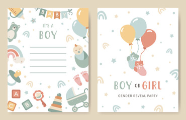 Cute set Baby shower invitation card for gender reveal party in blue colors. Announcement about celebrating a boy birthday. Greeting card for newborns with cute balloons, toys for nursery, a rainbow