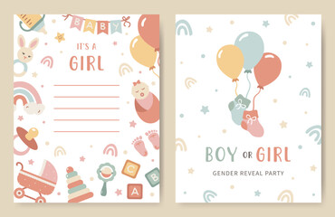 Obraz premium Set Baby shower invitation card for gender reveal party in pink colors. Announcement about celebrating a baby girl birthday. Greeting card for newborns with cute balloons, toys for nursery, a rainbow