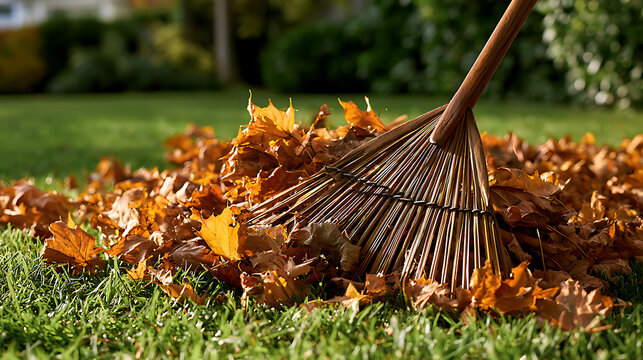 Volunteer work in the park on a clear autumn day: a wooden rake collects fallen leaves from the green lawn.
