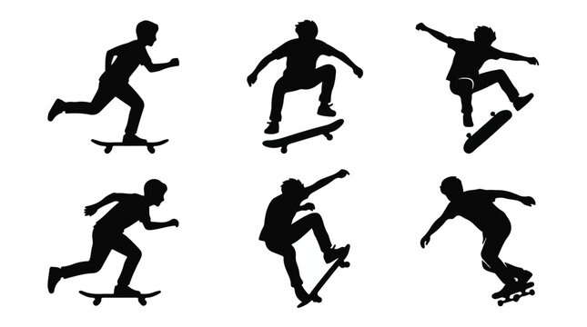 A set of six boy skateboarding in various poses silhouette vector illustration on a white background
