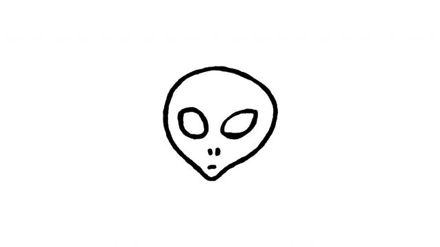 Animated doodle alien head extraterrestrial icon. 4K frame by frame line art on black and green screen chroma key background for UFO alien creature, space martian face, and sci-fi video edits.