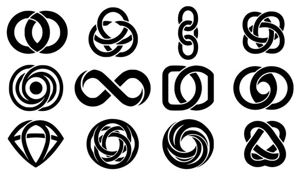 Modern abstract generic intersecting geometric rings symbol vector clipart set with minimalist clean outline unbranded tech brand overlapping ring monogram and cosmic link logo graphics black and whit