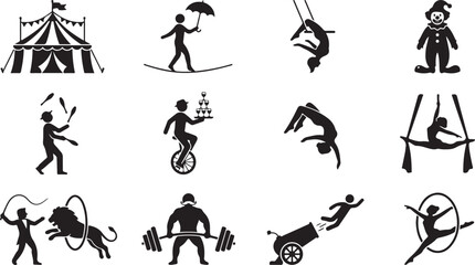 Set of black circus featuring a big tent, tightrope walker, trapeze artist, clown, juggler, unicycle rider, acrobat, aerialist, lion tamer, strongman, human cannonball, and hoop performer © Mollah